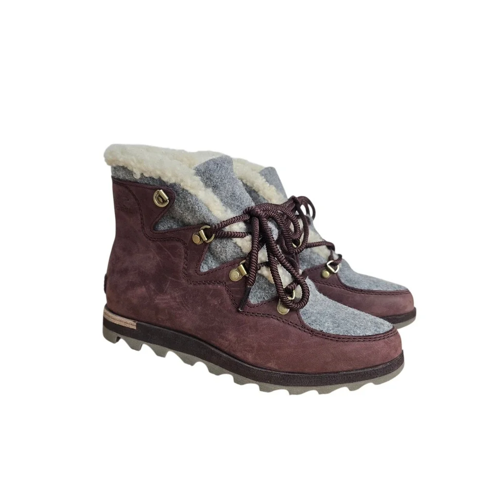 Sorel Ainsley Conquest Burgundy Leather Felt Shearling Boots Womens Size 8 Gorp